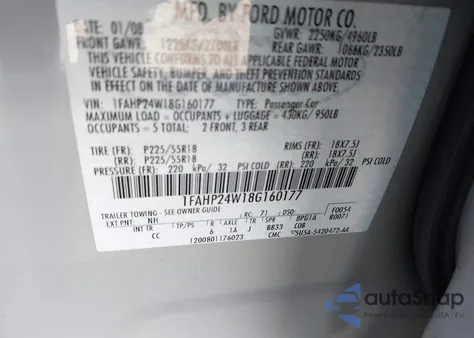 2008 Ford Taurus Sel z USA, uszkodzony, nr VIN 1FAHP24W18G160177